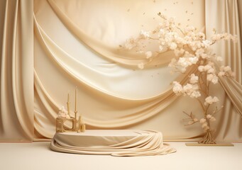 Luxury background with product display podium with silk and japanes background. gold liquid elements decoration. AI Generative.