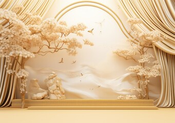 Realistic luxury product podium showcase with silk on japanes style, silk and golden canvas element on back concept. AI Generative.