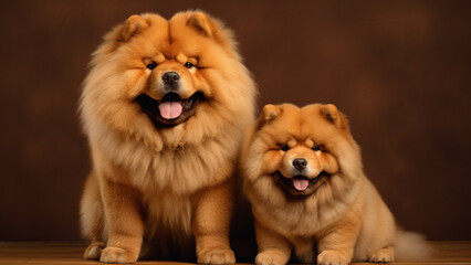 Smiling adult Chow Chow and Chow Chow puppy sitting  together on brown backdrop background