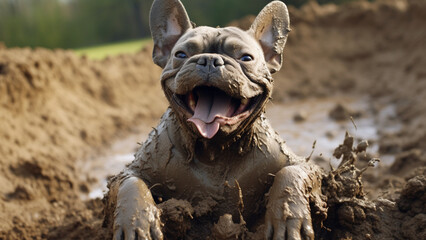 Happiness French Bulldog tumbling in the mud - obrazy, fototapety, plakaty