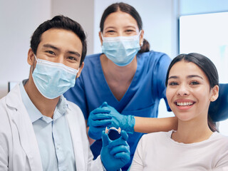 Portrait of dentist and woman with retainer for teeth whitening, service and dental care....