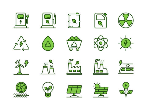 Set of green energy solid icons. Icons for renewable energy, green technology. Design elements for presentations, apps, websites, and many other. Vector icon set