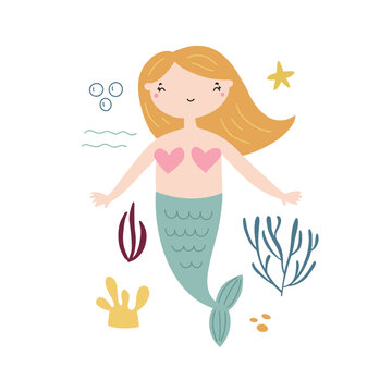 Vector illustration of a cute little mermaid surrounded by nautical elements for your design.
