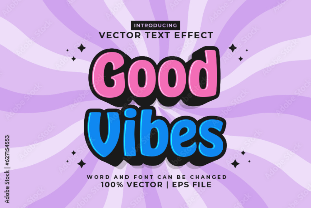 Sticker editable text effect good vibes 3d cartoon style premium vector - Stickers
