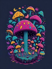 Illustration of a whimsical illustration featuring a bunny nestled within a vibrant mushroom created with Generative AI technology
