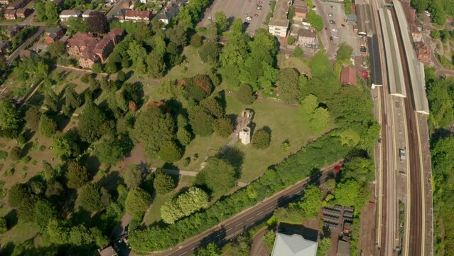 Pan down aerial shot over Holy ghost cemetery Basingstoke