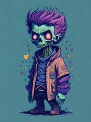 Illustration of a unique illustration of a colorful skeleton with vibrant purple hair created with Generative AI technology