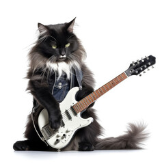A Domestic Longhair Cat (Felis catus) in a rock star's outfit, playing a toy guitar.