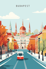 Naklejka premium Hungary Budapest city street view retro poster with abstract shapes of landmarks, houses and old bus. Vintage Eastern Europe travel vector illustration