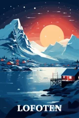 Poster Norway Lofoten island village winter landscape with mountains and sea at night card. Vector flat shape abstract Nordland archipelago retro poster with red fishermen cabins © Anastasiia
