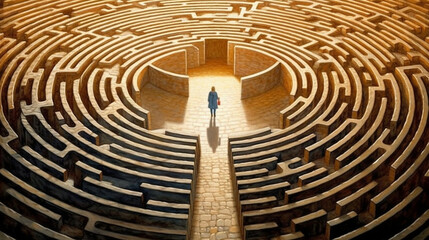 Visualize a scene that encapsulates the journey of spiritual liberation and self-discovery. The image is of a solitary figure standing at the entrance of a vast labyrinth, symbolizing the complex.