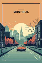 Canada Montreal retro city street scene poster with abstract shapes of landmarks, buildings, car. Vintage travel vector illustration for Quebec province