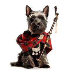 A Scottish Terrier (Canis lupus familiaris) in a kilt, playing a tiny bagpipe.