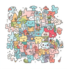 cute doodle puzzles cartoon style, illustrator