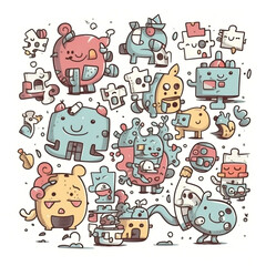 cute doodle puzzles cartoon style, illustrator