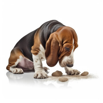 A Basset Hound (Canis lupus familiaris) as a detective, inspecting a toy footprint.