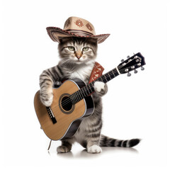 A American Wirehair Cat (Felis catus) in a musician's outfit, strumming a tiny guitar.