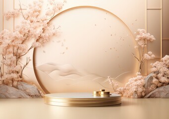Gold product background stand or podium pedestal on luxury advertising display with japanes backdrops. AI Generative.