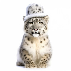 A Snow Leopard (Panthera uncia) in a snowman's outfit with a top hat and carrot nose.
