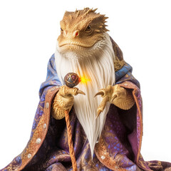 A Bearded Dragon (Pogona) in a wizard's robe, casting a spell with a tiny wand.