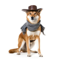 A Dingo (Canis lupus dingo) wearing a bushranger's outfit with a hat and pistol.