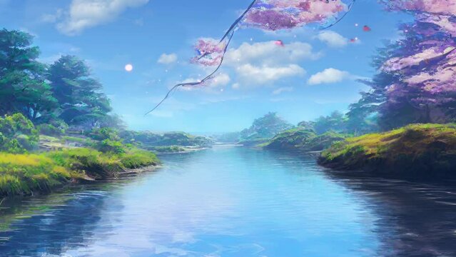 a very clear river in spring with cherry trees surrounded by butterflies on the banks  japanese anime watercolor illustration design
