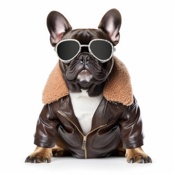 A French Bulldog (Canis lupus familiaris) wearing a leather jacket and aviator sunglasses.