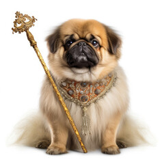 A Pekingese (Canis lupus familiaris) as a tiny emperor with a royal staff.