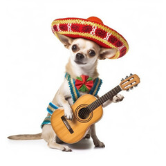 A Chihuahua (Canis lupus familiaris) in a mariachi band's outfit, playing a toy guitar.