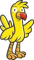 Funny yellow chicken cartoon character standing