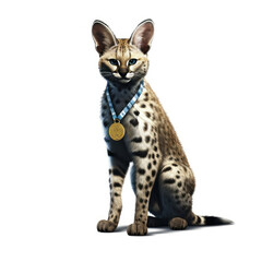 A Serval (Leptailurus serval) wearing a track and field athlete's outfit and medal.