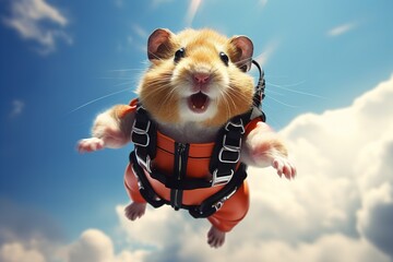 Screaming funny hamster skydiver in the sky, cute fluffy pet with a parachute flying in the air. Animal humorous illustration