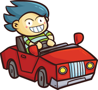 Funny male driving a red car cartoon illustration