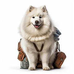A Samoyed (Canis lupus familiaris) in a fur trapper's outfit, holding a tiny sled.