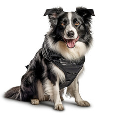 A Border Collie (Canis lupus familiaris) wearing a fringed sheepskin vest.