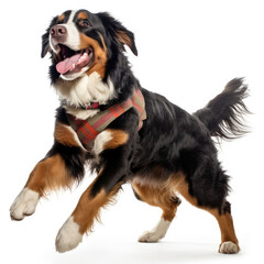 A Bernese Mountain Dog (Canis lupus familiaris) in lederhosen, doing a jovial jig.