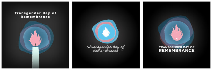 Set of Transgender Day of Remembrance greeting card posters with painted trans pride color lights and candle on dark background. In honor of victims of transphobia. Vector Illustration. EPS 10.
