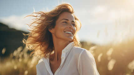Happy tanned mature beautiful woman blonde and white blouse in the field on a sunny day, lifestyle