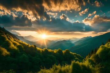 Naklejka na ściany i meble Beautiful Sunrise Over the Green Mountains in Morning Light with fluffy clouds on a bright blue sky. Nature freshness concept | Generative AI