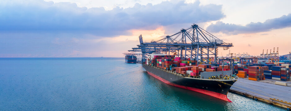 Container ship cargo loading and unloading in sea port, Global business logistic import and export freight transportation by container ship in harbor, Container loading cargo freight ship.