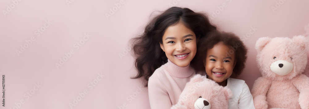 Wall mural Portrait of a African American girl and mother on pink rose gold background. World Mother's Day concept