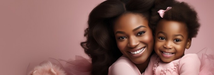 Obraz premium Portrait of a African American girl and mother on pink rose gold background. World Mother's Day concept