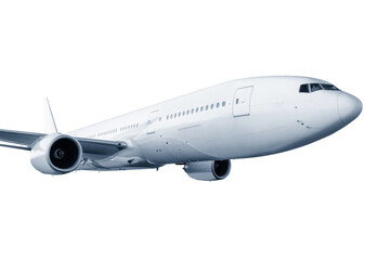 White wide body passenger jetliner flying isolated