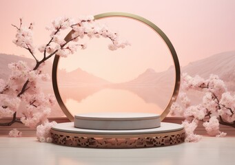 Minimal mockup background for product presentation. Pink podium and cherry blossom flower on pink background. AI Generative