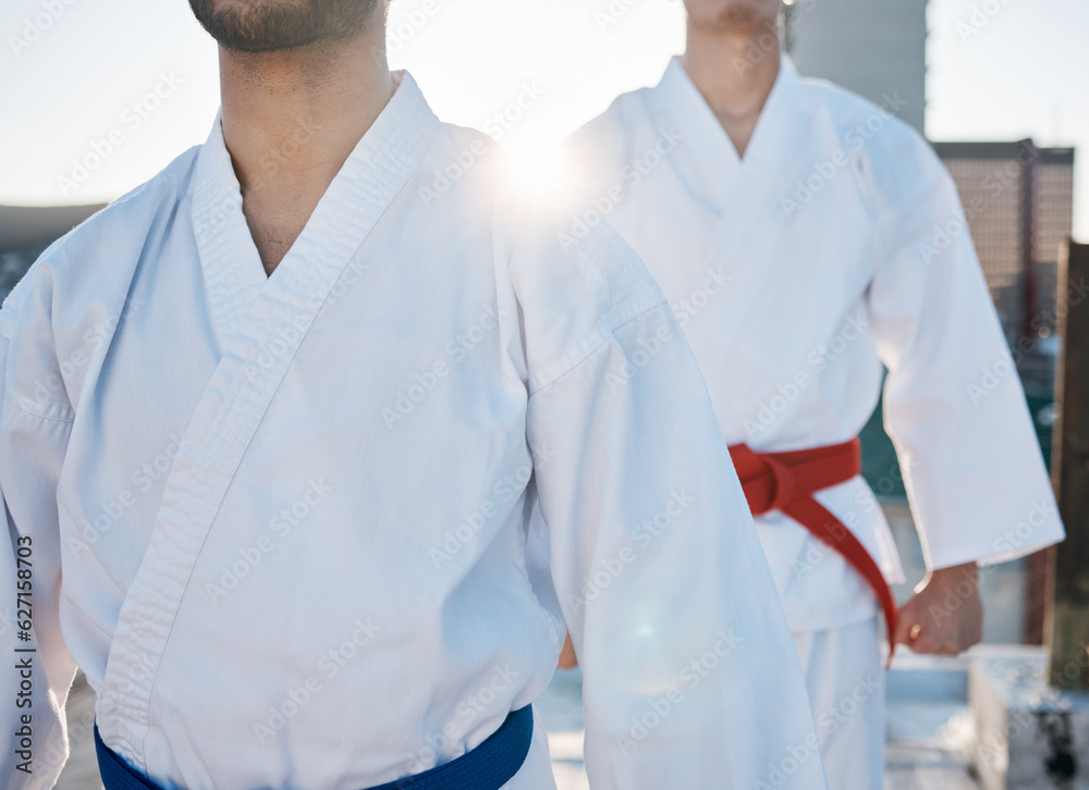 Poster Karate, gi and men in city for training, workout and start exercise with lens flare. Martial arts, sport and people in competition for taekwondo, battle or fight challenge for healthy body in fitness