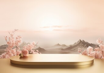 A realistic scene with a pedestal in pastel pink colors. Square platform with frosted glass and flowers in the background for product demonstration. AI Generative
