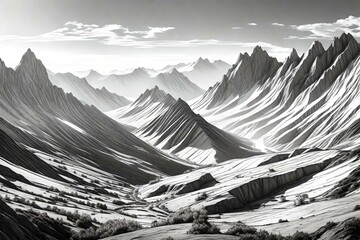 Mountain Range Black and White, Pencil illustration | Generative AI