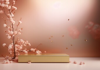 A realistic scene with a pedestal in pastel pink colors. Square platform with frosted glass and flowers in the background for product demonstration. AI Generative