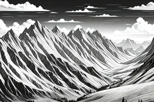Mountain Range Black and White, Pencil illustration | Generative AI