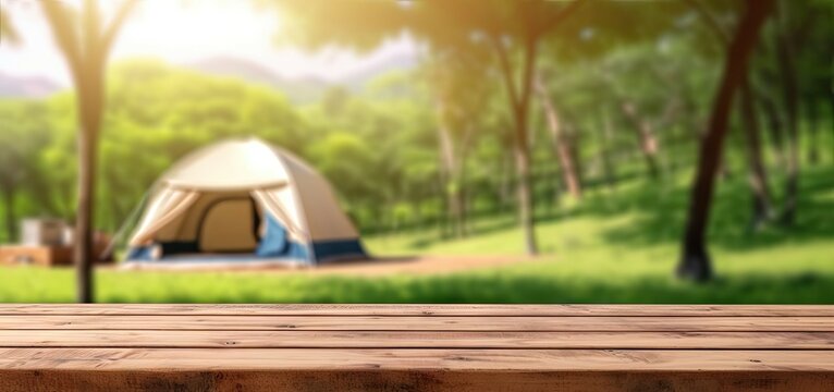 Relaxing holiday. Travel and camping adventure lifestyle in park with outdoor tent and wooden table on blur background